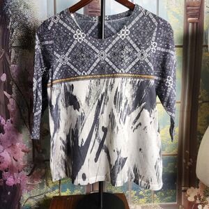 PM Black and White Patterned Top, Half Sleeve Crew Neck Petite Medium